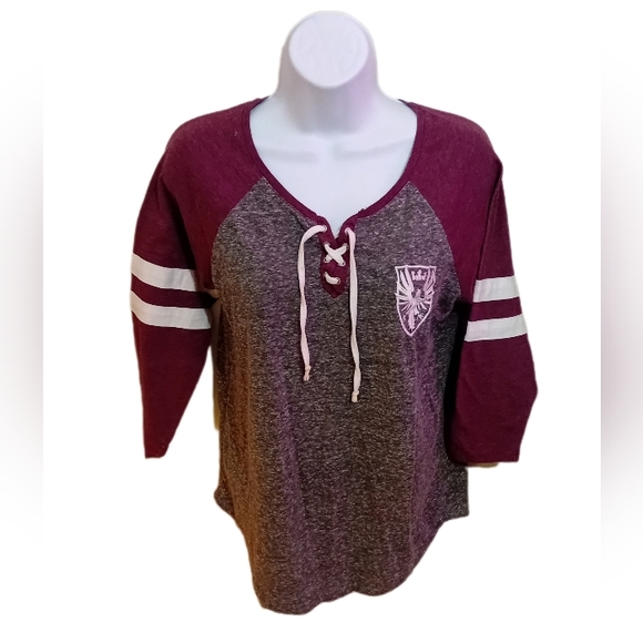 Source Unknown Tops - Gray and Red Raglan 3/4 Sleeve Tie Front Jersey